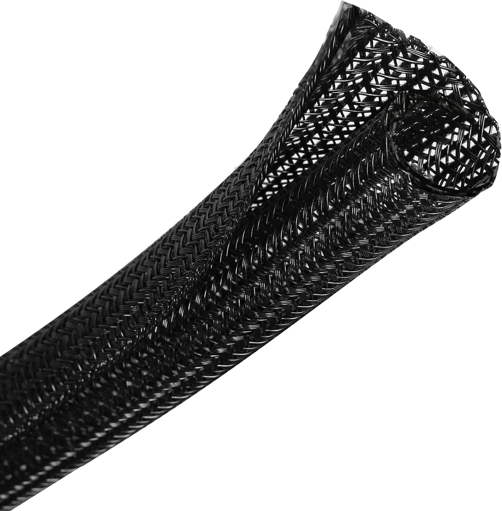 25ft - 1/2 inch Braided Cable Management Sleeve Cord Protector - Self-Wrapping Split Wire Loom for TV/Computer/Home Theater/Engine Bay - Black