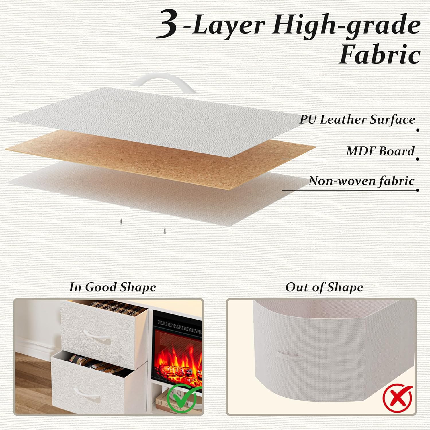 BREEZEHEAT Fireplace TV Stand with 4 Fabric Drawers,LED Entertainment Center with Power Outlets & Open Shelf for 55" TV, Small TV Consle Table with PU Leather Surface Drawers for Living Room, White