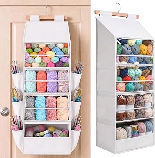 Yoojahow 51.1 X 15.7 X 11.8 Inch Hanging Yarn Organizer, Holds 200+ Skeins | Extra Large Hanging Yarn Bag, 4 Clear Zipper Compartments, 6 Pockets on Sides for Yarn, Hooks, Needles & Crochet Supplies