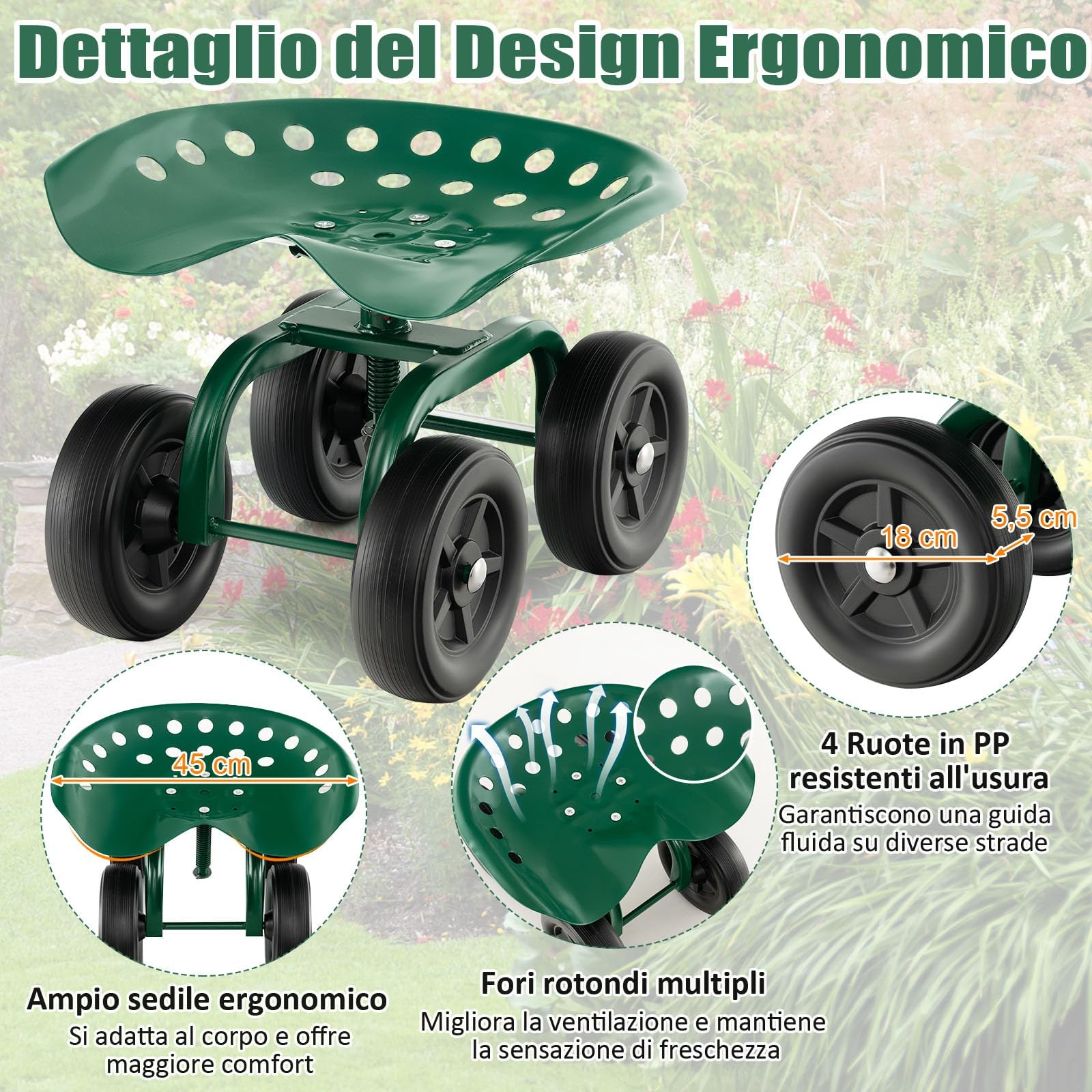 RELAX4LIFE Sgabello da Giardino con Ruote, Regolabile in Altezza, Sedia da Giardinaggio in Metallo, Portata 150 kg, per Giardino, Prato e Cortile
