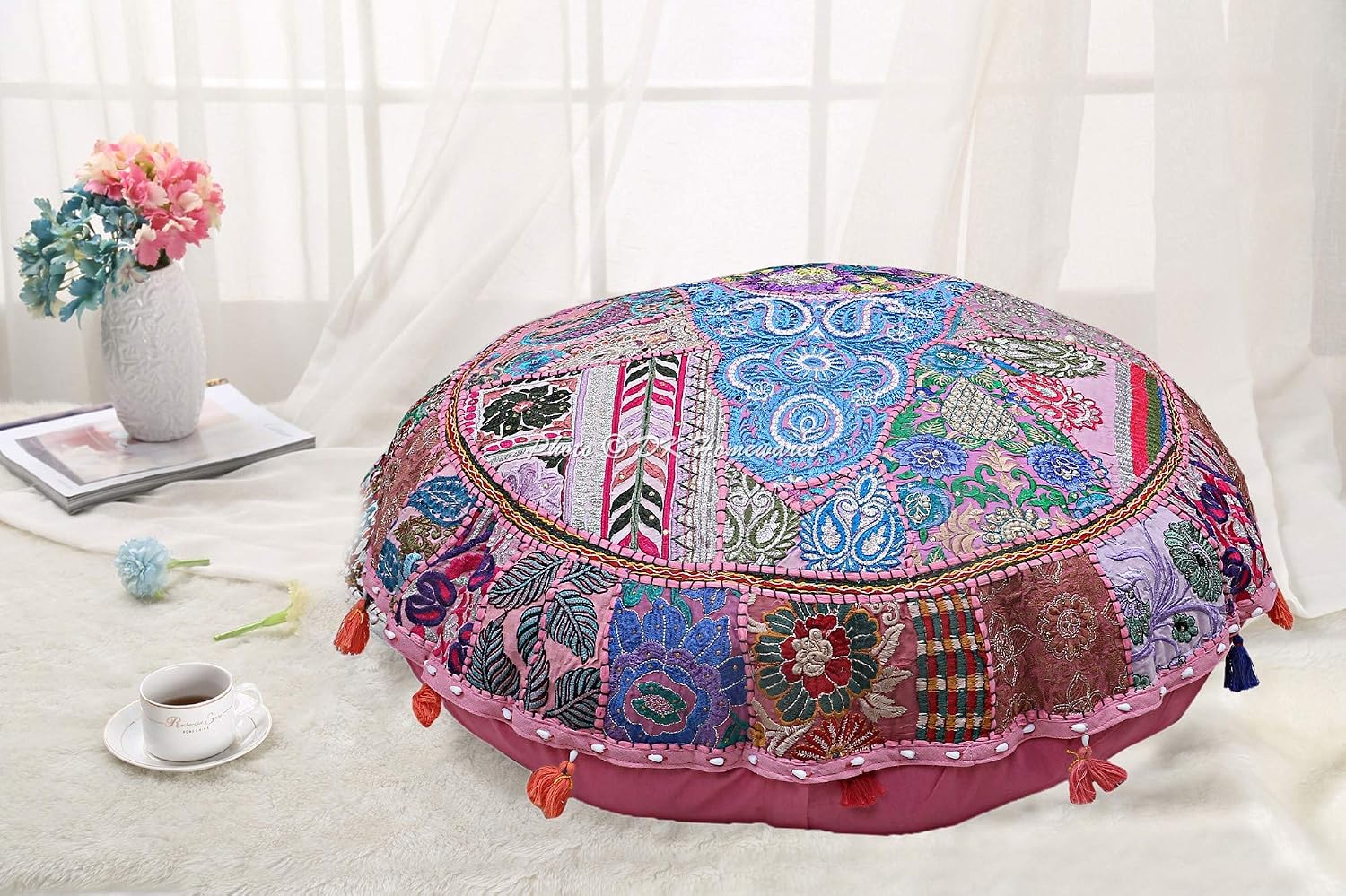 Indian Bohemian Floor Pillow Seating Large Baby Pink 32 Inch Patchwork Yoga Pouffe Footstool Home Decor Embroidered Vintage Cotton Round Floor Cushion Cover 32x32