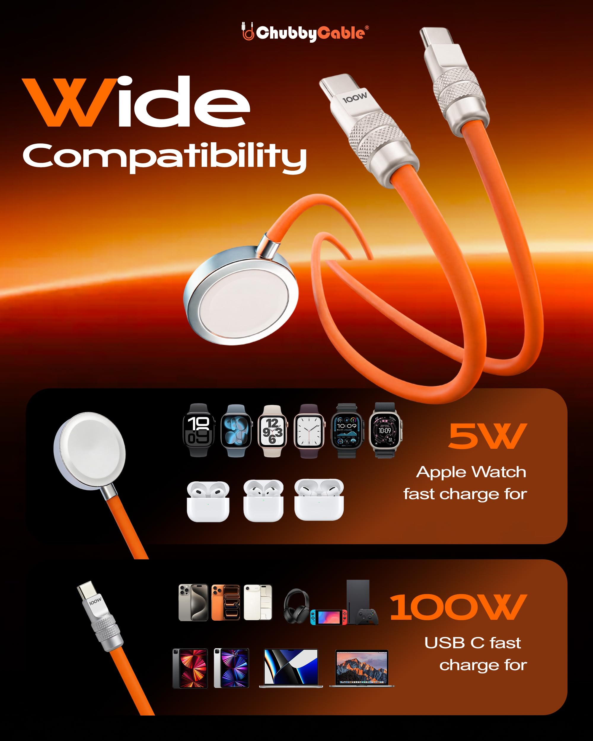 chubbycable 2-in-1 USB-C-Ladekabel für Apple Watch, 40 Minuten, 80 %, Orange, 1,2 m | All-in-One 2-in-1-Kabel mit Apple Watch Ladegerät und 100W USB C Schnellladung, ersetzt mehrere Kabel für Zuhause und Reisen