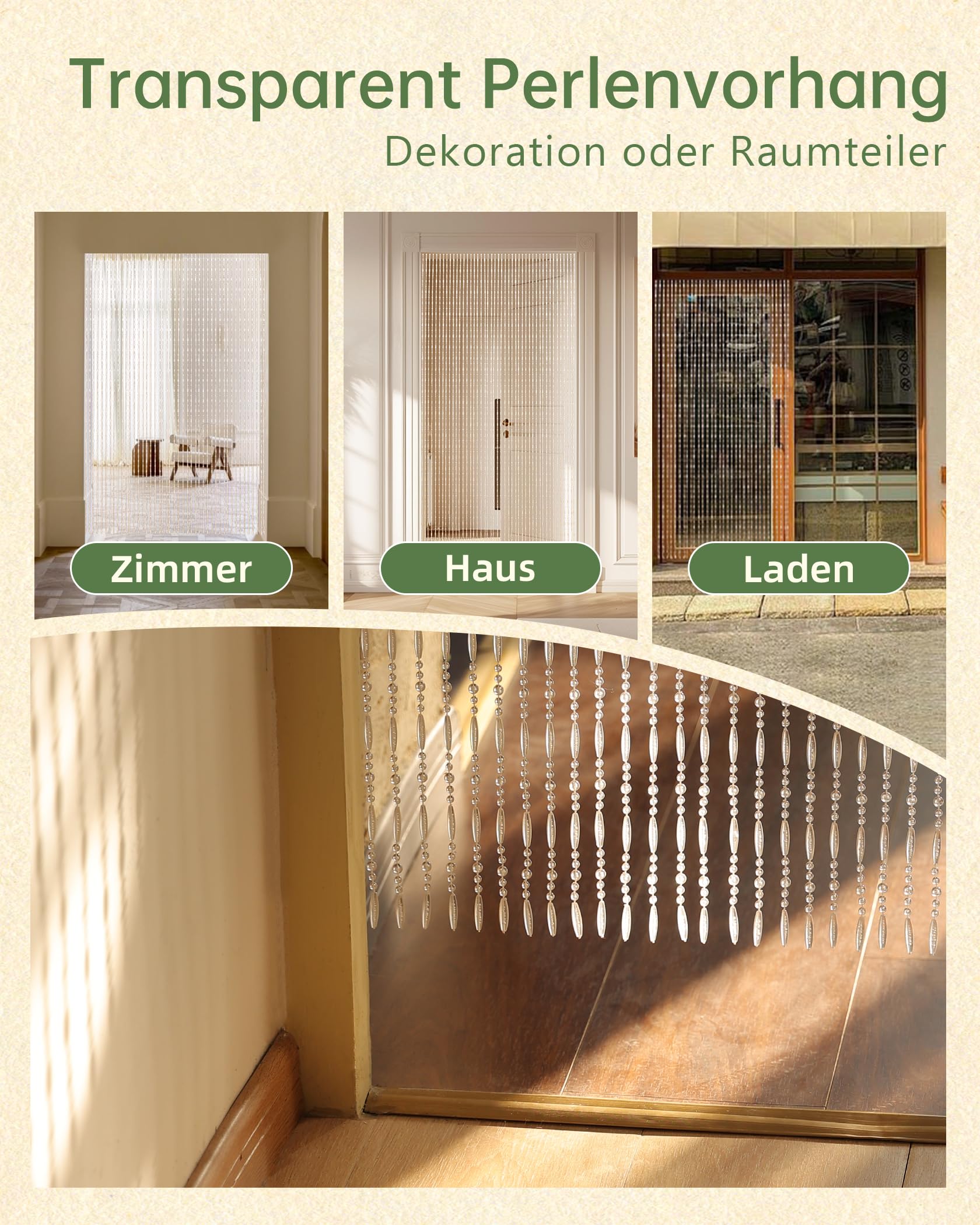 100x230cm Transparent Perlenvorhang Balkontür, 75 Stränge Kunststoffperlenvorhang Perlenvorhang Türvorhang als Insektenschutz und Dekoration für Balkontür, Zimmer