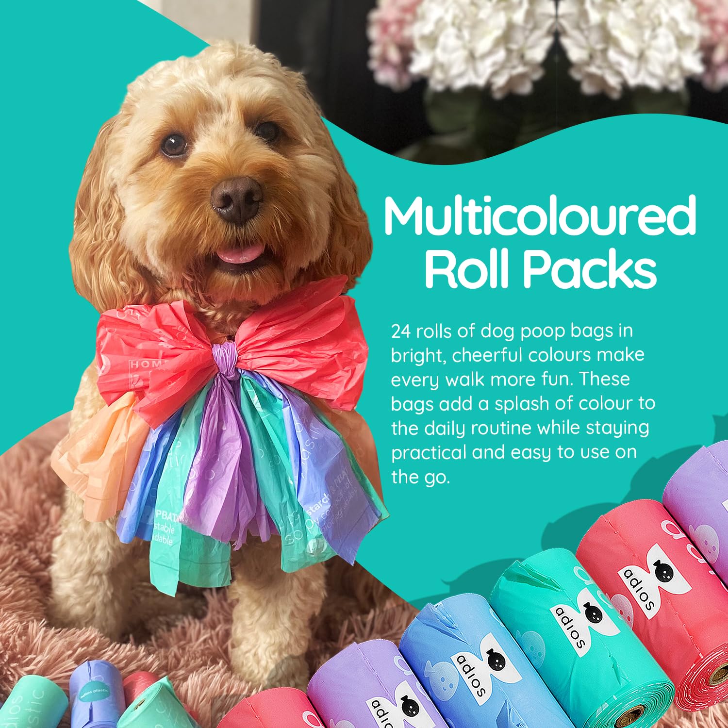 Adios - Bolsas compostables para excrementos de perro, 360 unidades (24 rollos), colores arcoíris, extra gruesas, a prueba de fugas, a prueba de olores, hechas de almidón de maíz compostable, rollos