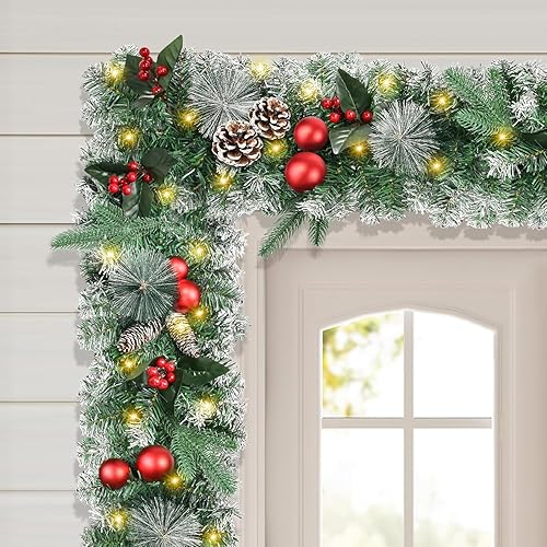 Beinhome Guirnalda de Navidad preiluminada de 9 pies, guirnalda artificial de puerta de Navidad con temporizador de luces, decoración de piñas para