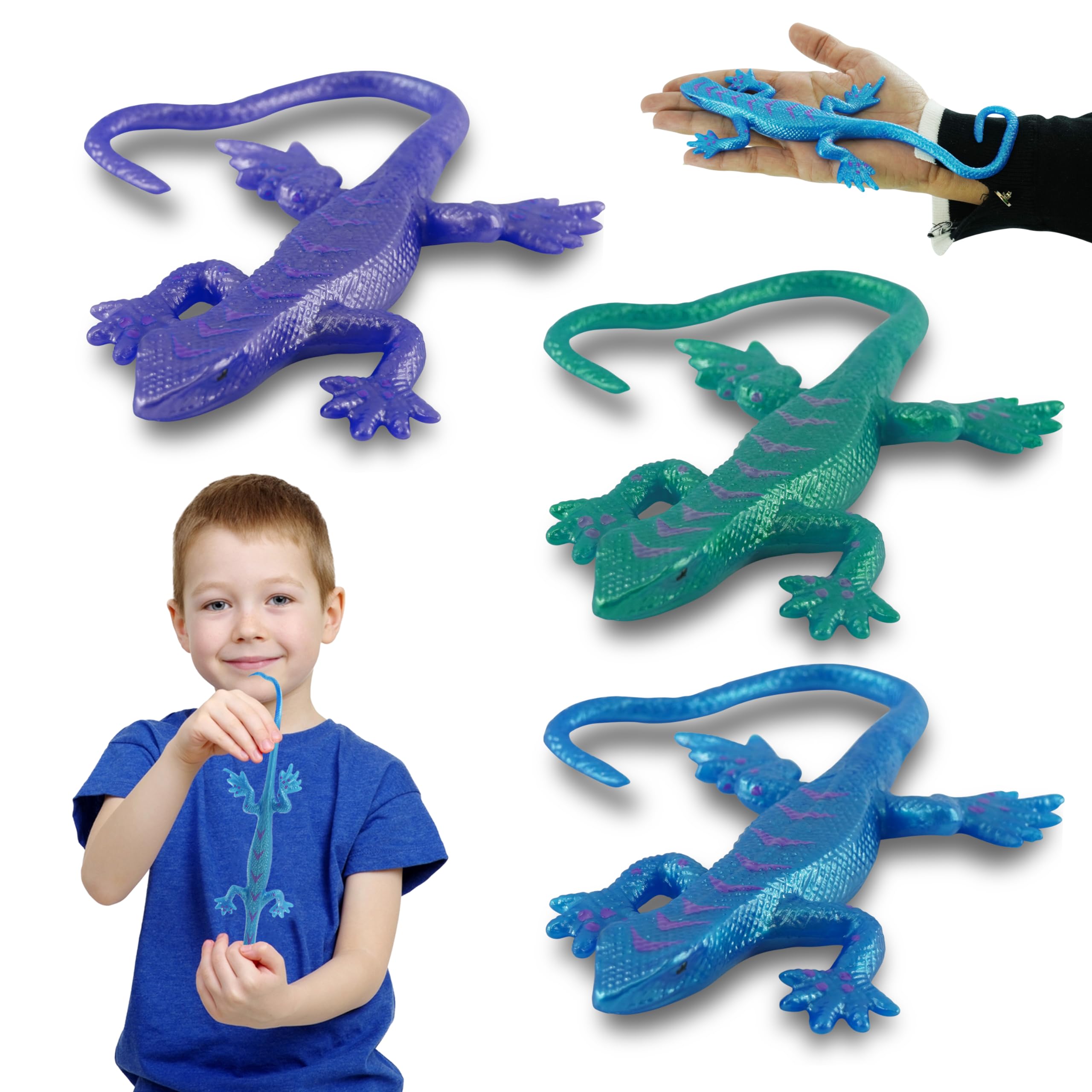 3pk Stretchy Lizards for Sensory Bin, Flexible Fake Lizards for Prank, Sticky Rubber Reptiles, Halloween Scary Pranks Toy, Stress Relief Toys for Kids 3+Y โ image 1