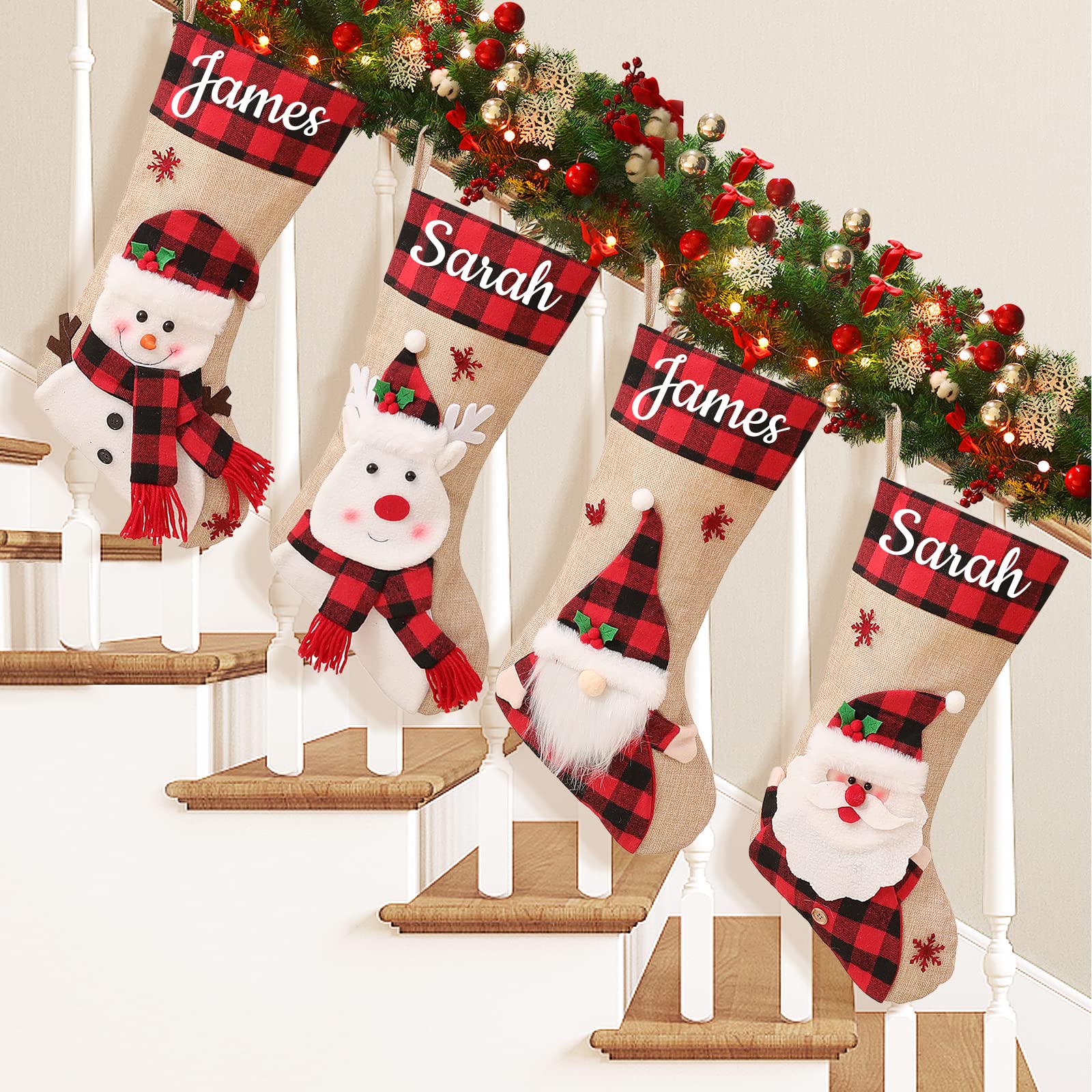 Personalisierte Weihnachtsstrümpfe Jute Große Weihnachtsstrümpfe 6Pack Rot und Schwarz Büffel Plaid Bulk für Weihnachtsbaum Dekorationen