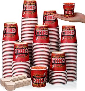 400 Pcs 5 oz Chili Cook off Party Decorations Mini Chili Cook off Tasting Cups Disposable Sample Paper Cup Bowls and Wooden Spoons for Competition Prizes Party Cooking Supplies(Red)