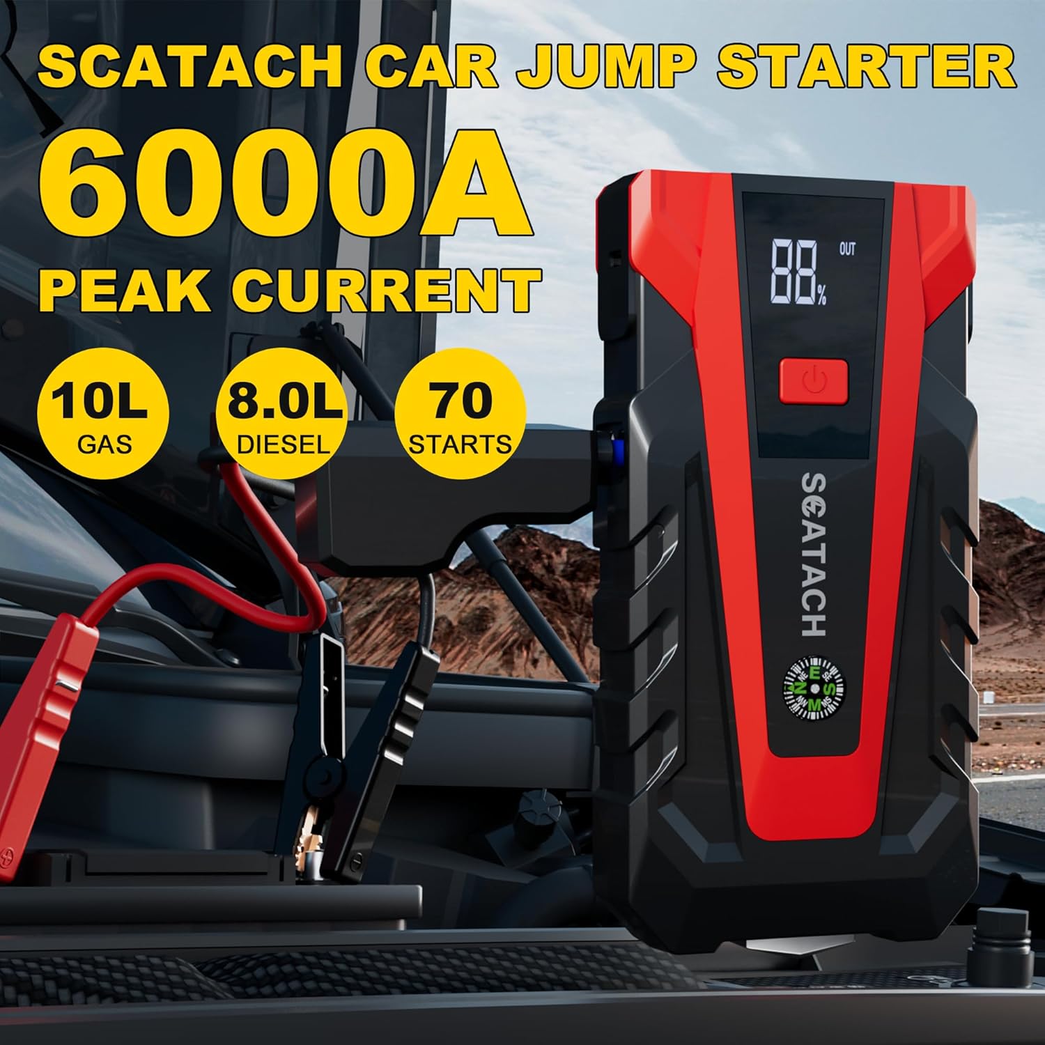 Scatach 6000A Car Battery Jump Starter,12V Portable Jump Starter Battery Pack (up to 9.0L Gasoline and 7.0L Diesel Engine), Jump Box with 3 Modes Flashlights, Jumper Cables, LED Display - Image 2