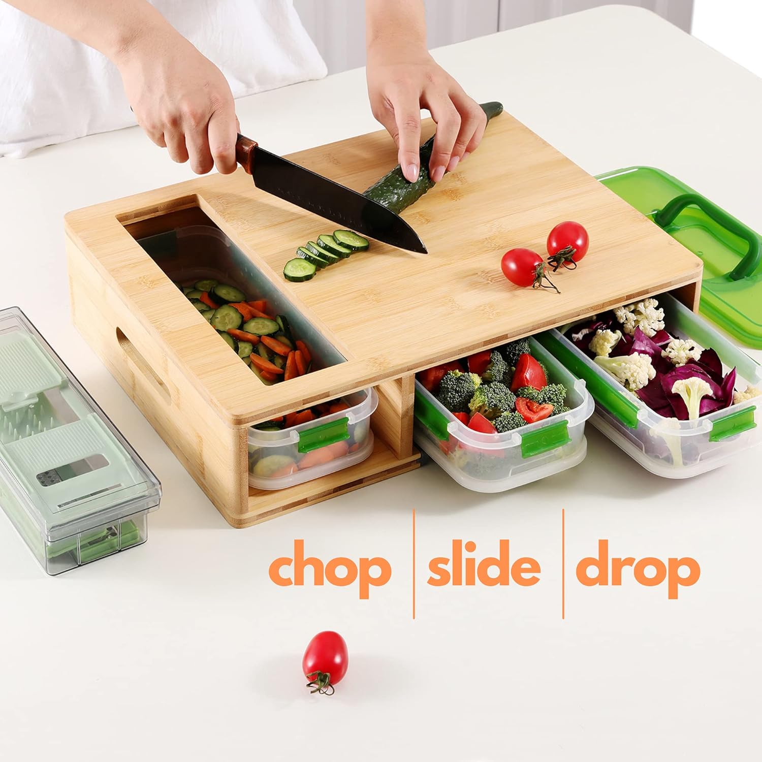 Bamboo Cutting Board with Containers/Trays and Locking Lid - Includes Built-in Grater and New Knife Sharpener- Stackable For Easy Storage, Food Prep