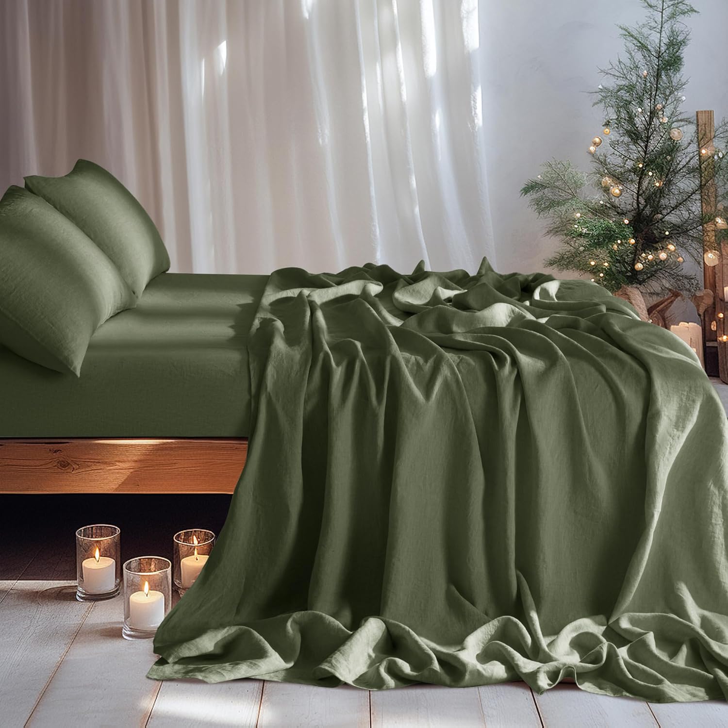 LBRO2M 100% Linen Sheet Set 16" Deep Pocket Queen Size,Bed Sheets 4 Piece Sets,Solid Color Natural Flax Bed Sheets Soft Breathable Bedding, All Season (Queen, Olive Green) - Image 2