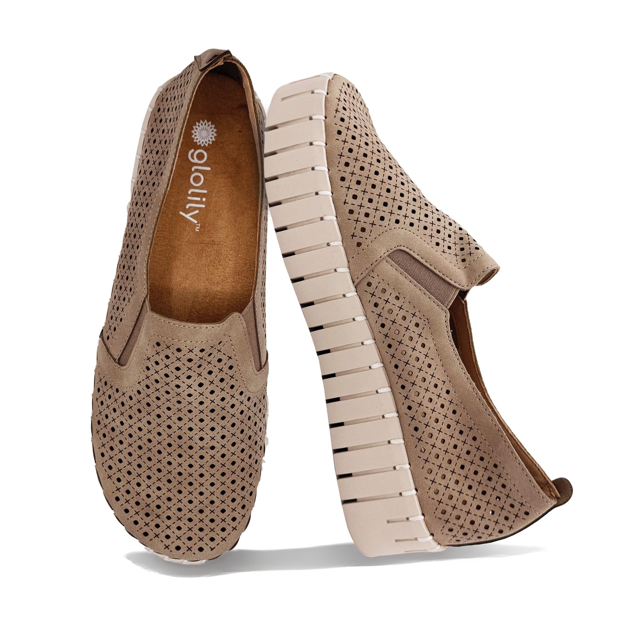 Glolily Elle Platform Perf Women's Comfort Sneakers - Orthotic Lightweight & Flexible Walking Shoes with Arch Support, Comfortable Casual Fashion