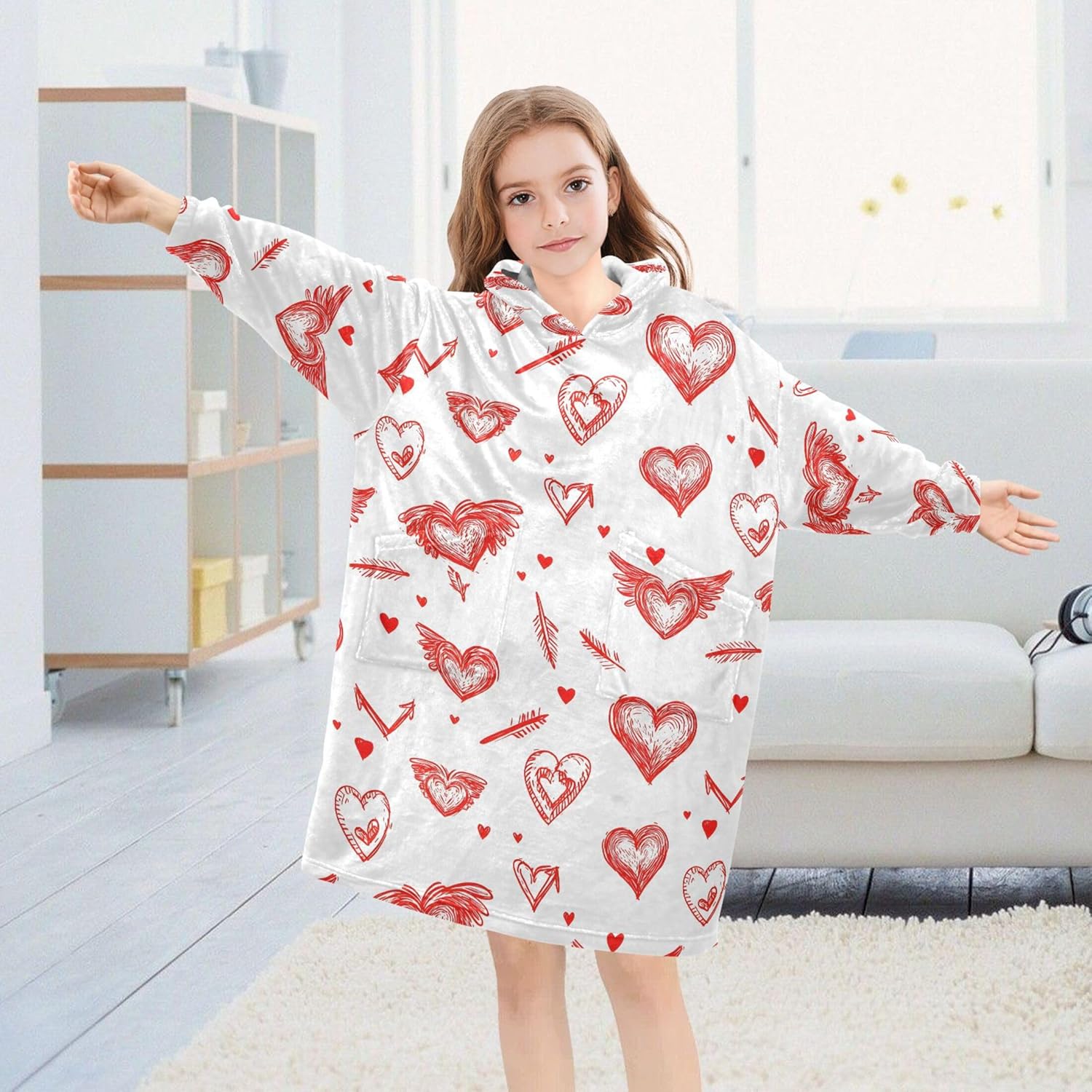 Valentine Heart Kids Wearable Blanket Hoodie with Pocket and Sleeves for Toddlers, Cute Hoodies Girls Boys B0403609