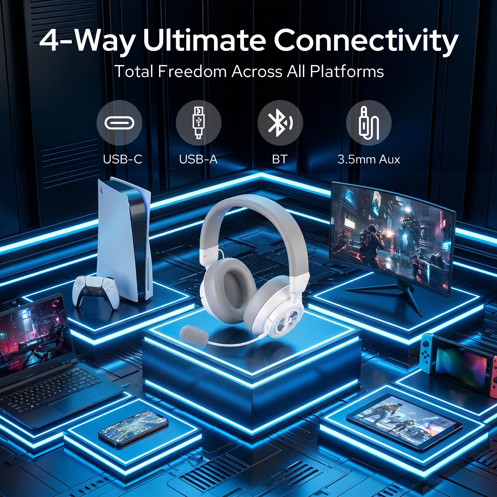 Redragon H889 Auriculares Gaming Inalámbricos 4 en 1 Audio 7.1 53mm | 2.4G BT USB 3.5mm Batería 51h Uso Mientras Carga Micrófono Desmontable PC PS5 NS Móvil