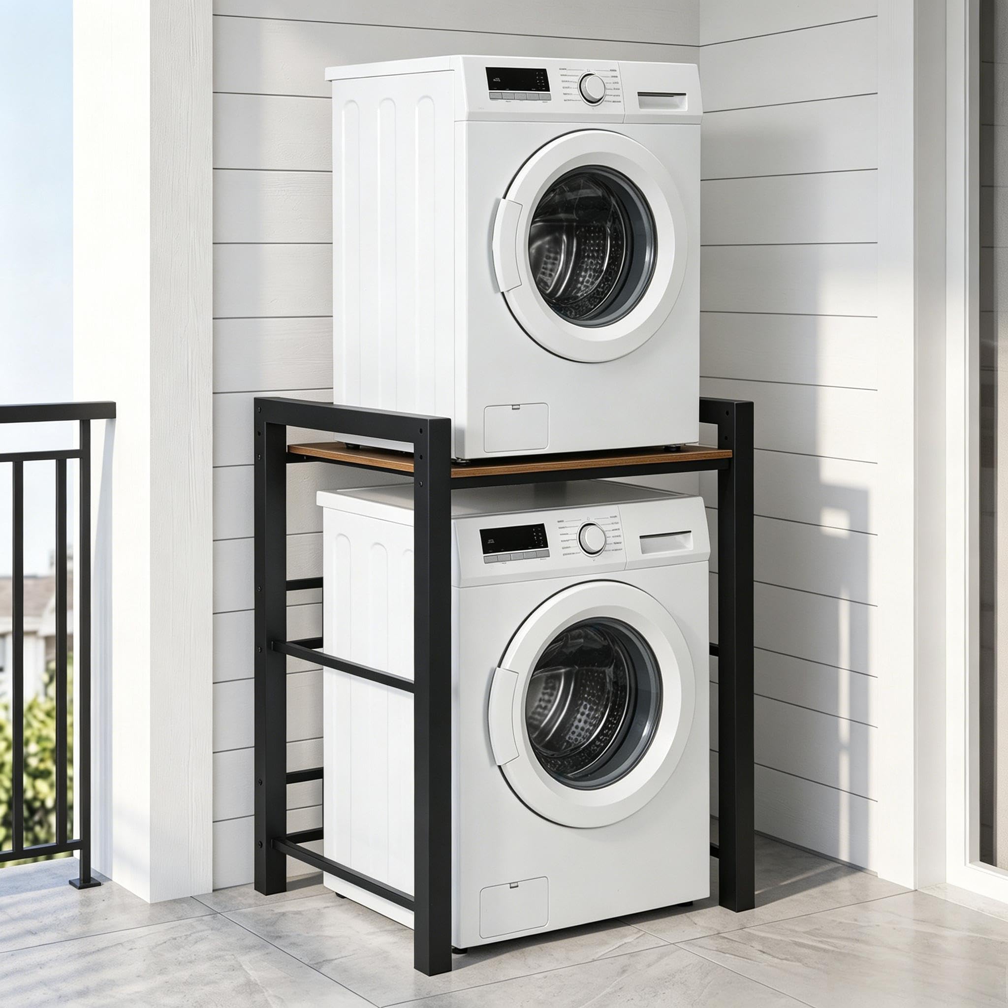 Meuble Machine à Laver, Hauteur sur 3 Positions, Etagere Machine a Laver et Seche Linge, Charge de 350kg, pour Buanderie Salon Salle De Bain, 75 x 65 x 104 cm (Noir)