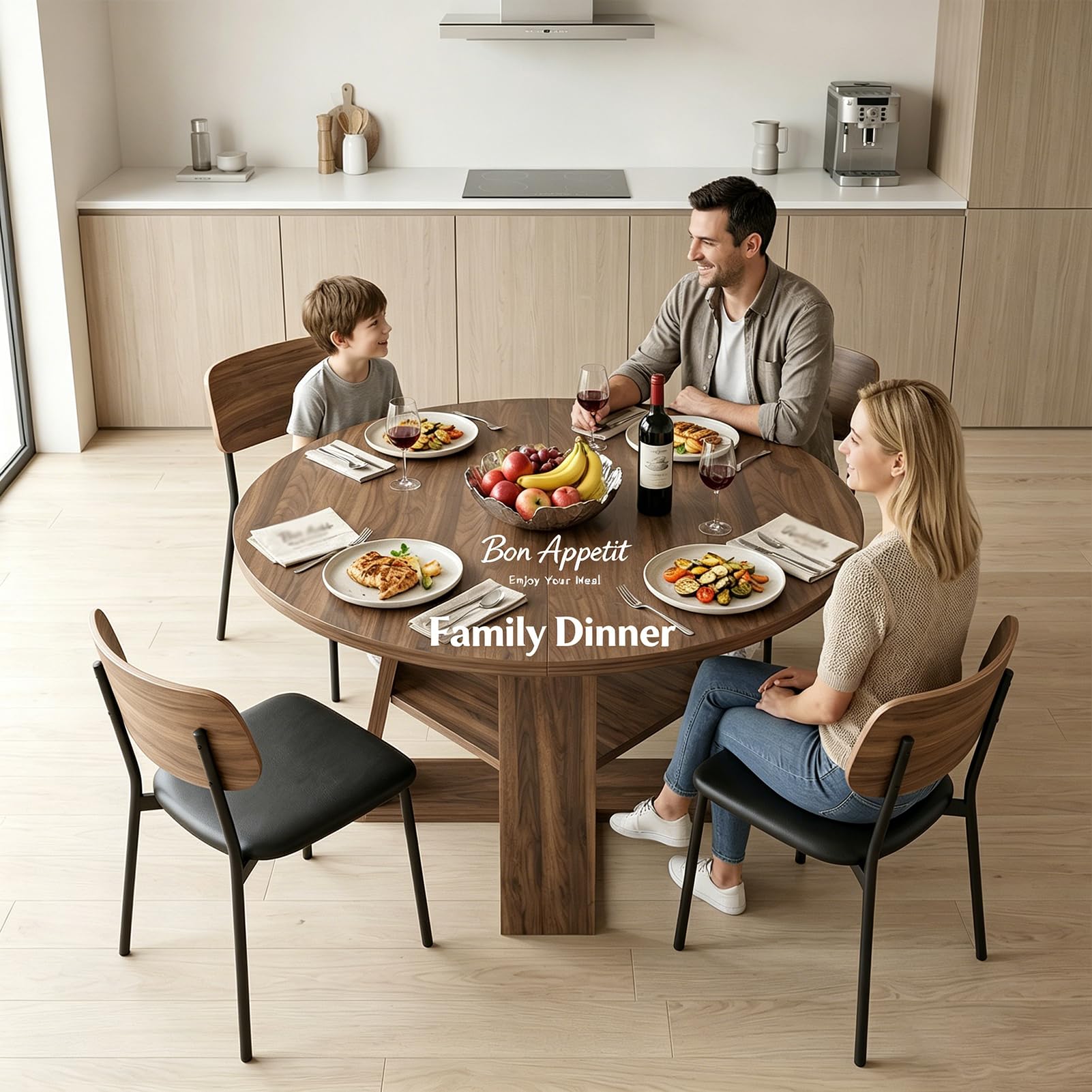 Mesa de comedor extensible de madera de nogal, redonda, con estante, para 4-6 personas, moderna, que ahorra espacio