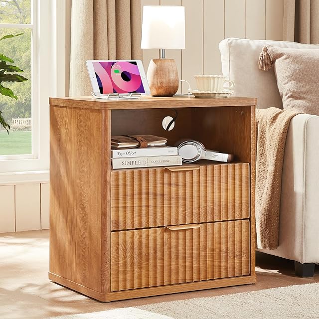 Lerliuo Fluted Nightstand with Charging Station, 23" Wide 2 Drawers End Table, Night Stand with Open Storage Cabinet, Farmhouse Bed Side Tables, Brown Wood Dresser for Bedroom