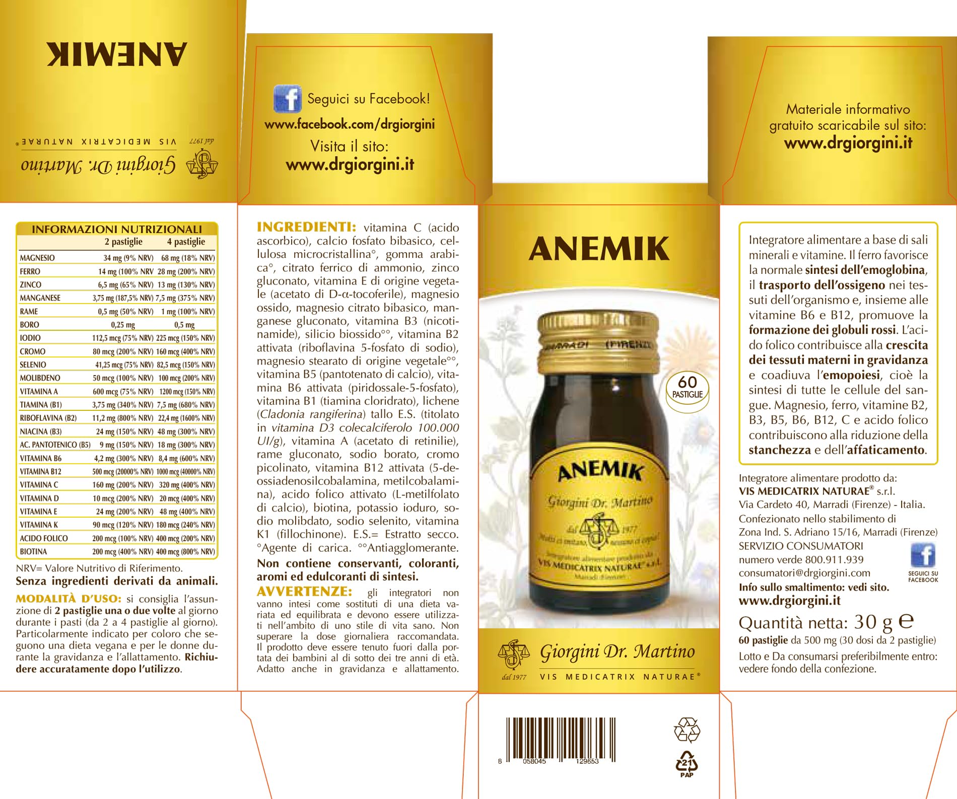 ANEMIK pastiglie - 30 g (integratore di ferro, arricchito con minerali e vitamine)