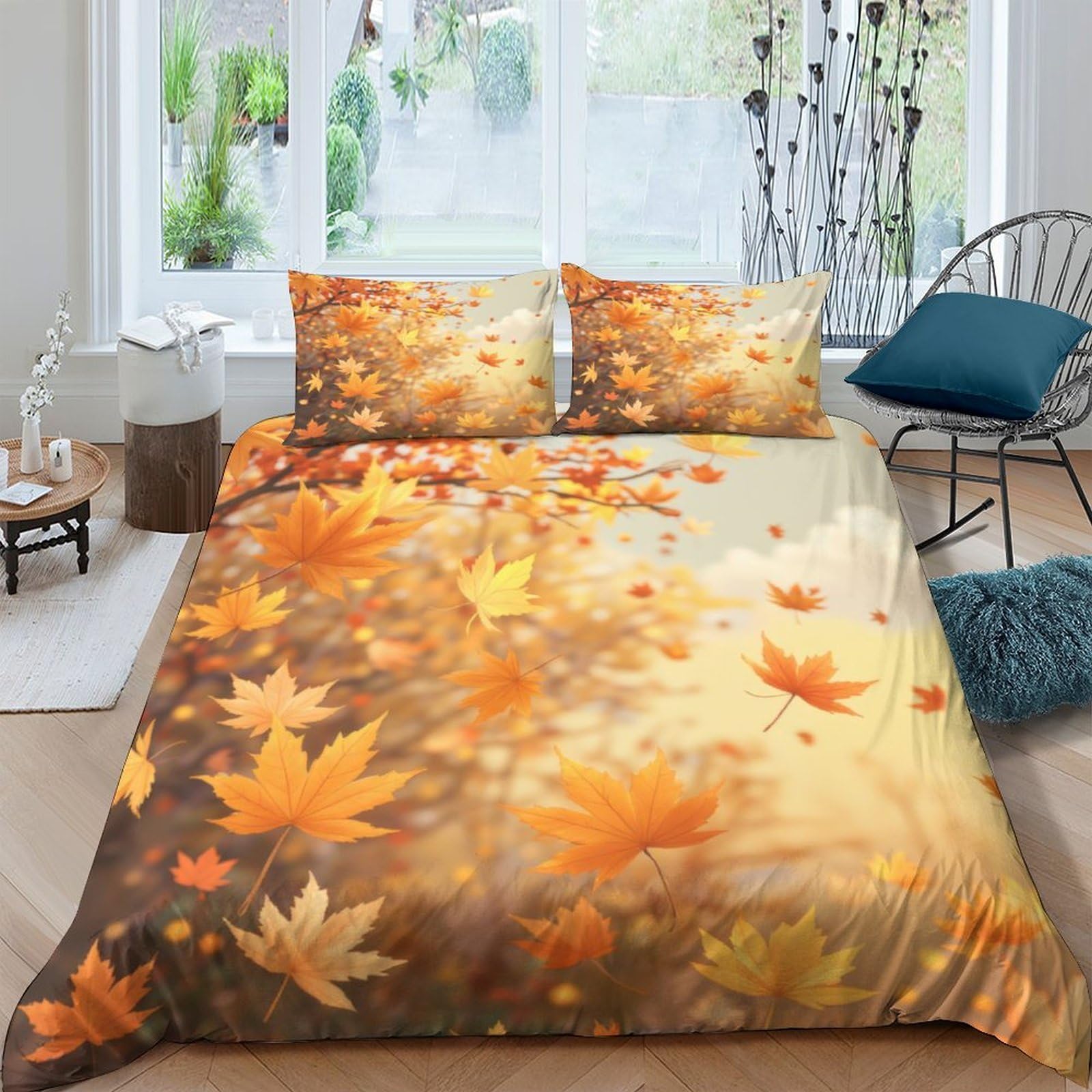 Ctjqhvkz Style-6 3D Printed Autumn Maple Leaves Fitted Sheet Microfiber Soft Anti-Slip Fall Forest Bed Cover For Bedroom Dorm Decor Single（135X200cm）