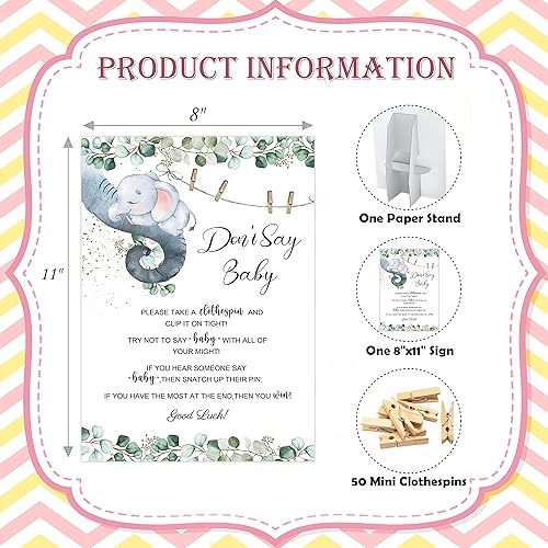 Miniatura 2 de Juego de pinzas para ropa de bebé, juego de elefante para baby shower, un letrero de 8 x 11 y 50 mini pinzas naturales para la ropa, género neutro,