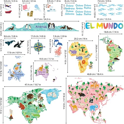 Miniatura 6 de DECOWALL SG2-1615SES - Calcomanías de pared para niños, diseño de mapa del mundo de animales españoles, despegar y pegar, extraíble para cuarto de