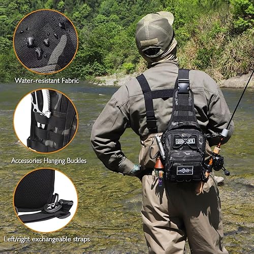 Miniatura 4 de Dovesun Mochila Pequeña de Pesca, Mochila Bandolera Impermeable para Pesca con Mosca con Cajas de Aparejos A-negro