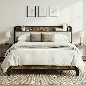 LIKIMIO King Bed Frame, Storage Headboard with Charging Station, Solid and Stable, Noise Free, No Box Spring Needed, Easy Assembly (Walnut and Beige)