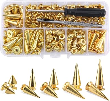 YORANYO 70-Piece Mixed Shape Spike Stud Set - Assorted Sizes, Gold Color Screw Back Bullet Tree Studs and Spikes for Leather Craft, Clothing, Shoes, Belts, Bags, Dog Collars