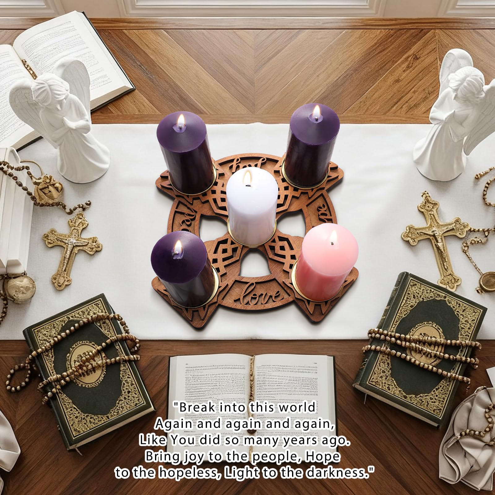Roowest Portacandele in legno con nodo celtico per la tavola di Natale, centrotavola, decorazione religiosa (candele non incluse)
