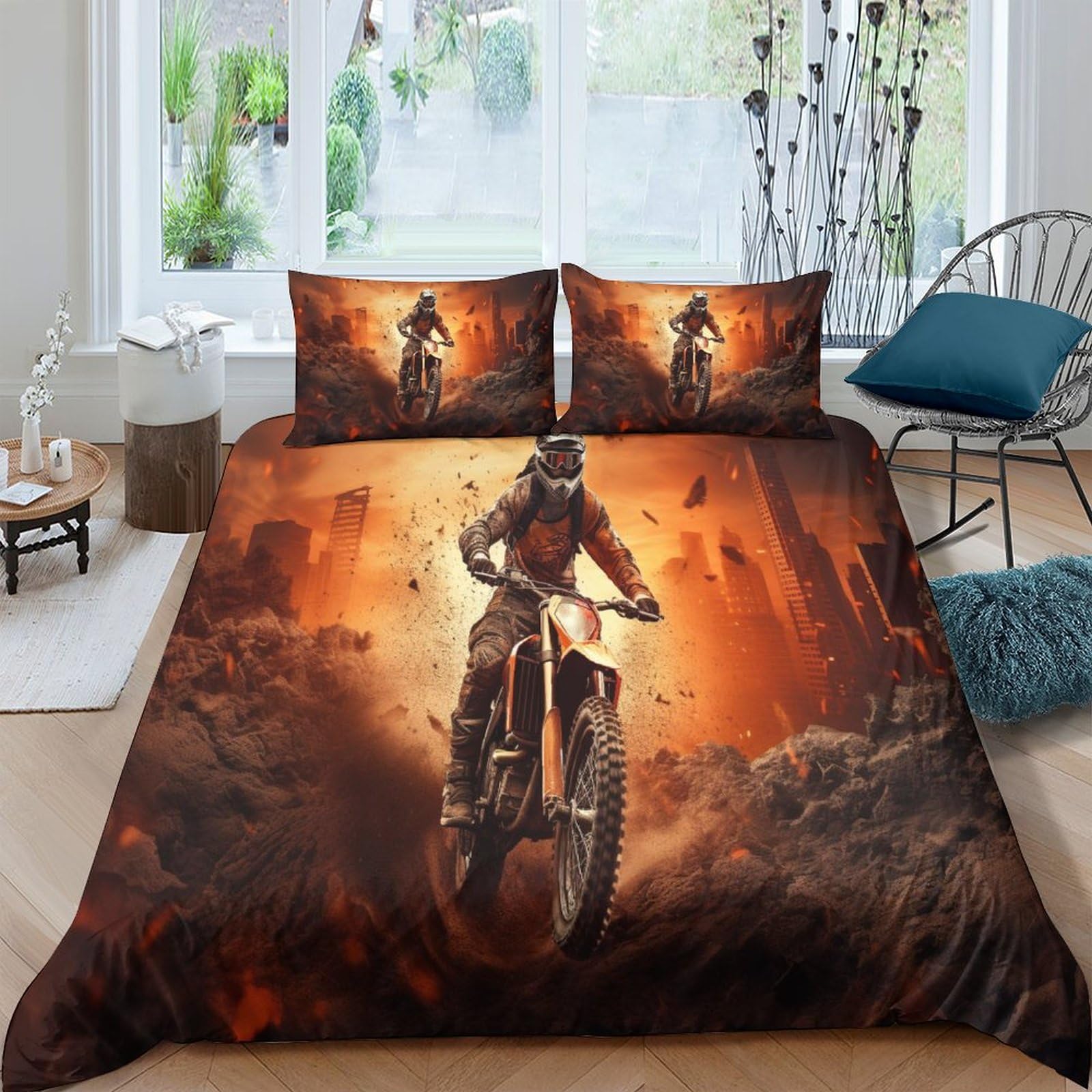 HOTGE Motocross Bedding Duvet Cover 3D Car Racing Printed Quilt Duvet Cover with Zipper Closure, Soft Microfiber Bedding For Adults And Children Double（200x200cm）