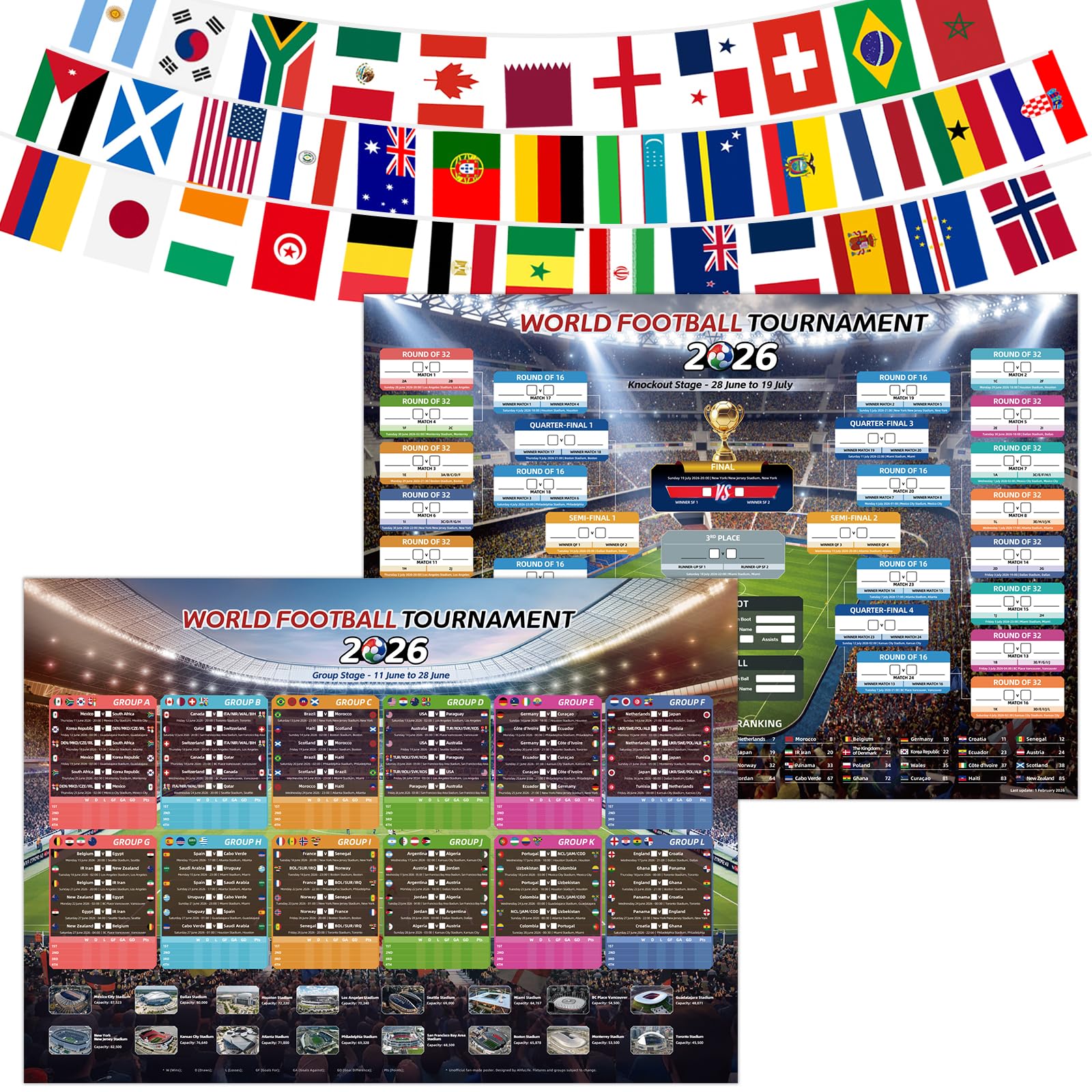 AhfuLife 2Pcs World Cup Football 2026 Wall Chart for Party Decorations - A2 Sizes World Cup WallChart Poster - Includes 48 Teams Group Knockout Final Results Wall Calendar (Folded, A2-42cm x 59.4cm) — view 9