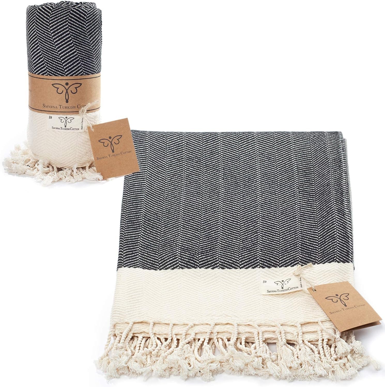 SMYRNA TURKISH COTTON Herringbone Series Throw Blanket, 50x60 inch, Outdoor Blankets, Throws and Blankets for Couch, Sofa, Bed, Chair, Beach Picnic, Travel Boho Turkish Blanket Throw, Black