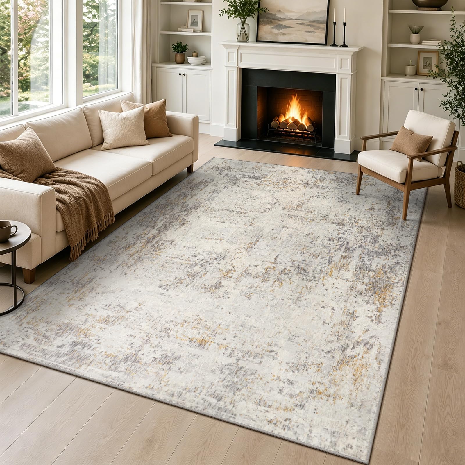 Capslpad Modern Abstract Area Rug 120x180cm Short Pile Soft Faux Wool Living Room Rug Washable Indoor Rug Non Slip Minimalist Floor Mat Rugs for Living Room Bedroom Office Area Kitchen Decor, Beige — image 1