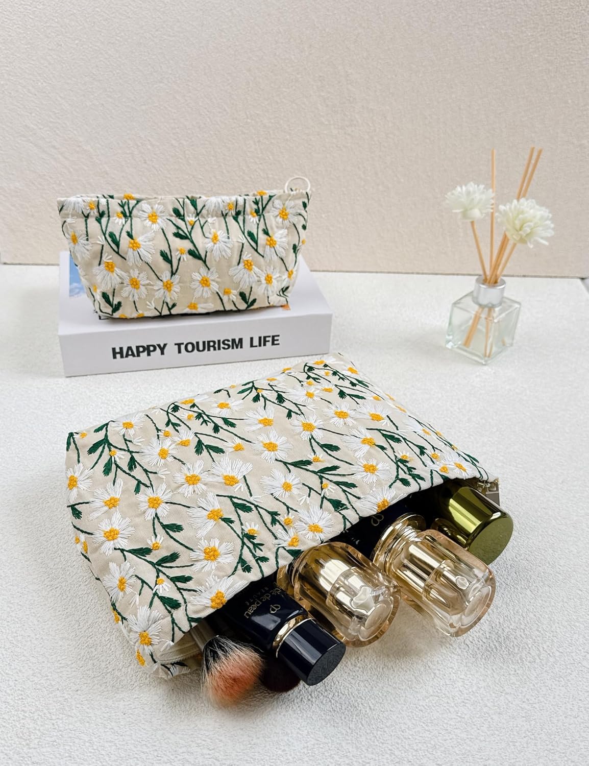 2 Pcs Makeup Bags, Large Cosmetic Bag Travel Toiletry Bag Organizer for Women, Embroidery Craft, Floral Makeup Bag Small Cosmetic Pouch Purse with Zipper Gifts for Girls Teen - Image 7