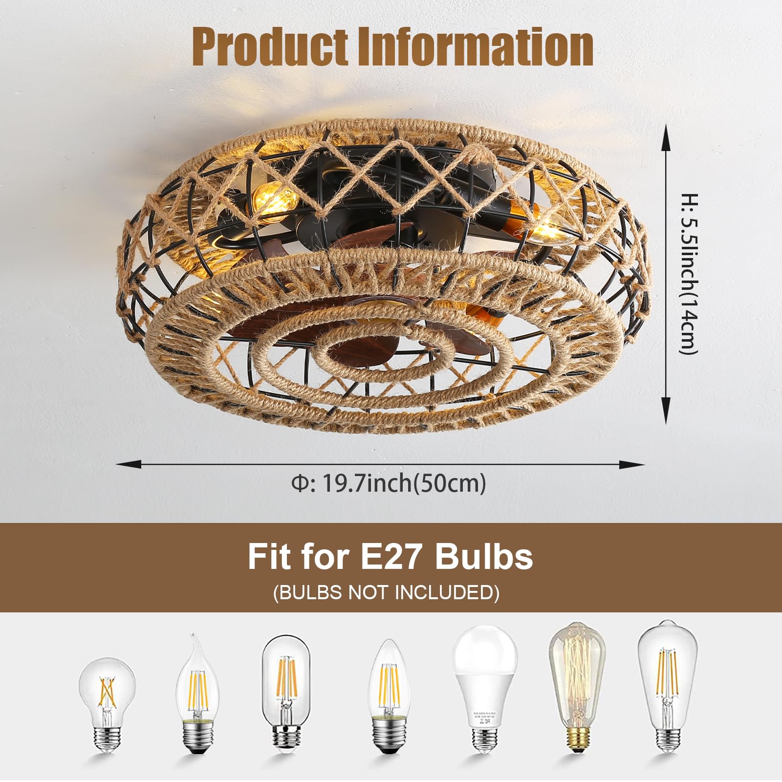 YFouCnd I Ventola da Soffitto retrò con Lampada, Corda di Canapa Gabbia Agriturismo Lampadario con Ventilatore da Soffitto, DC Reversibile 6 velocità Ventilatore da Soffitto con Luce E Telecomando-A
