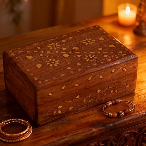 Miniatura 9 de GURU JEE Caja organizadora de madera con incrustaciones de latón floral con incrustaciones de latón