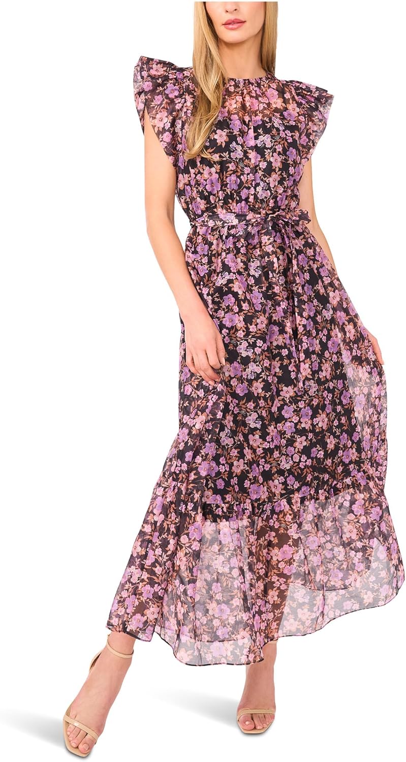 CeCe Womens High Neck Flutter Sleeve Maxi Dress