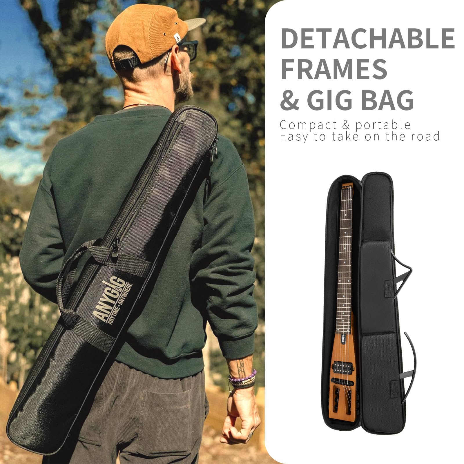 Reise E Gitarre, Kopflose Gitarre – Volle Größe, ultraleicht (wiegt nur 1,8 kg), 100 % Ahorn, digitales Stimmgerät, Gitarrentasche, Ständer, geeignet für Linkshänder und Rechtshänder, Braun