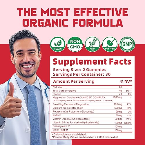 Miniatura 4 de Gomitas de glicinato de magnesio de 1000 mg Suplemento de magnesio y potasio sin azúcar con vitamina D, B6, CoQ10 para un estado de ánimo tranquilo