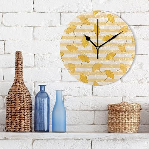 Miniatura 3 de Yellow White Striped Ginkgo Biloba Leaf 10 Inch Round Wall Clock Retro Silent Decorative for Classroom Hotel Bedroom reloj de pared para cuarto