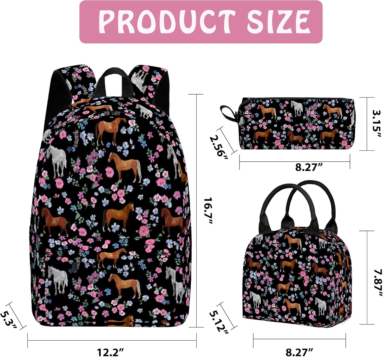 3PCS Horse Backpack for Girls Boys, Kids Back to School Backpack Sets with Lunch Bag Pencil Case, 17 Inch Lightweight Bookpack 3 in 1 Set for Teens Elementary Middle High School Students - Image 2