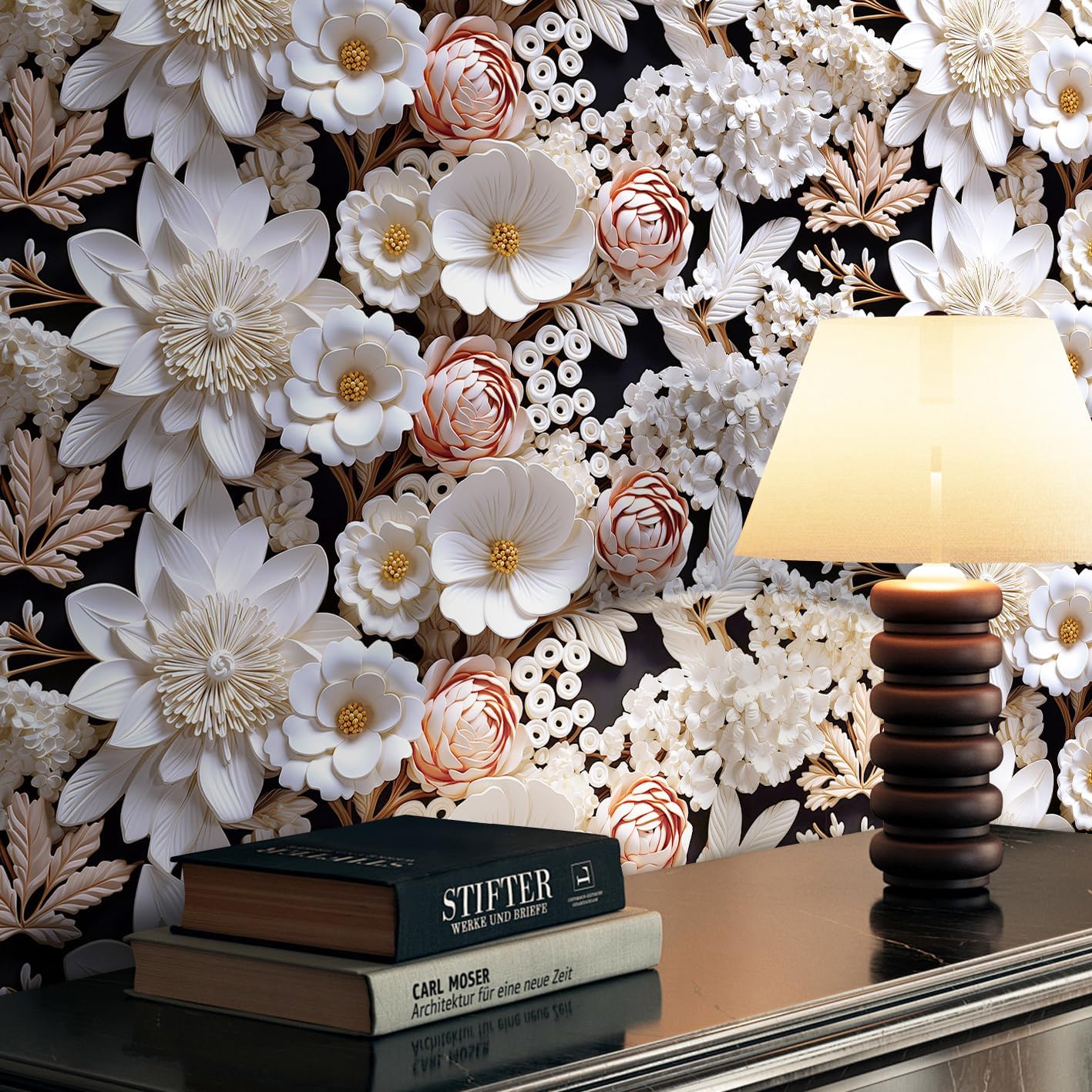 FunStick 17.5"x354" White Faux 3D Floral Peel and Stick Wallpaper Black Pink Embossed Floral Wallpaper for Bathroom Living Room Accent Wall Panels Self Adhesive Contact Paper for Walls Shelves Vinyl
