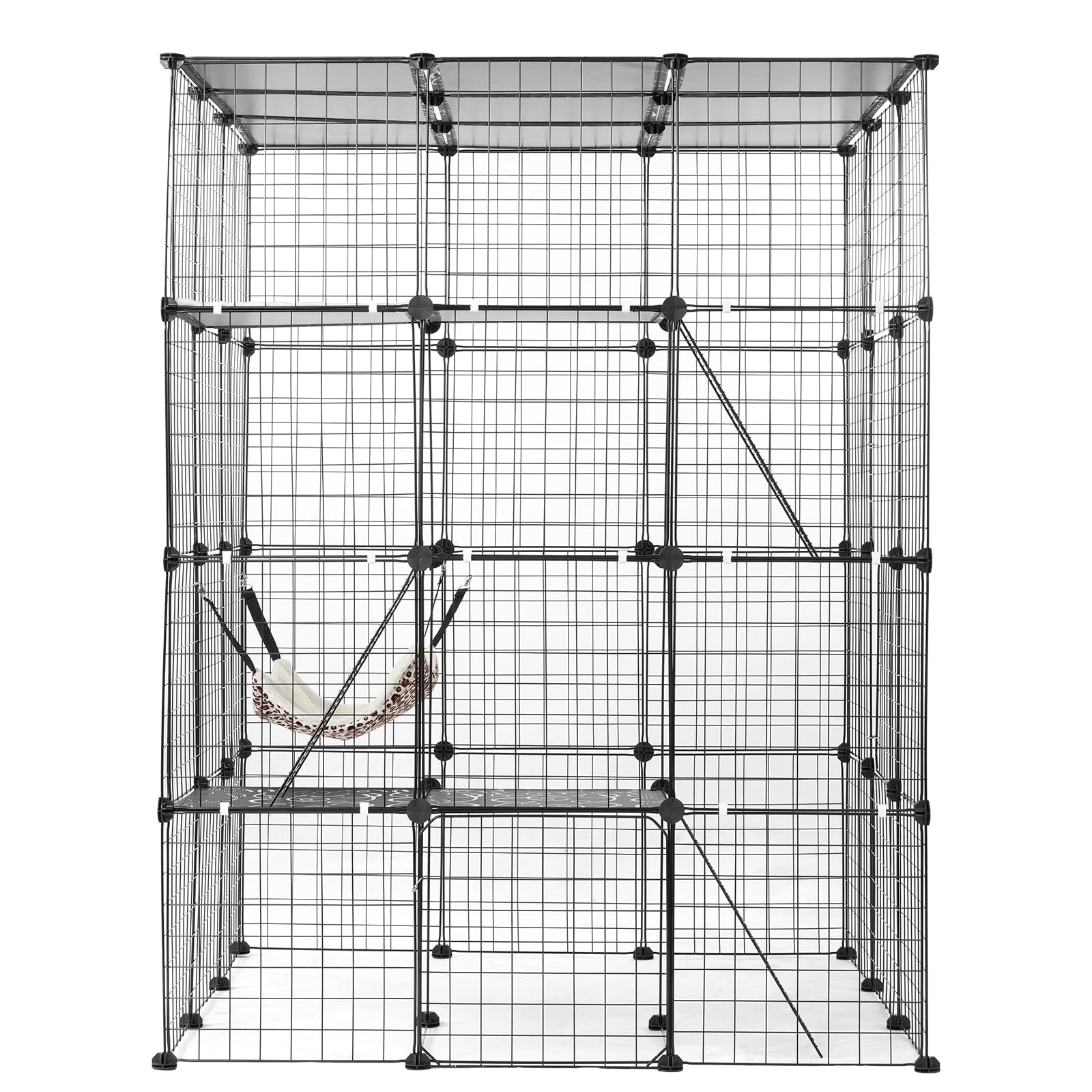 VEVOR Cage Chat 4 Niveaux, Grand Enclos Chats Fil Métallique Modulable Amovible à Monter, avec 4 Portes, Échelles, Hamac, Espace Exercice Extérieur Intérieur pour Petits Animaux, 1041x1041x1397 mm