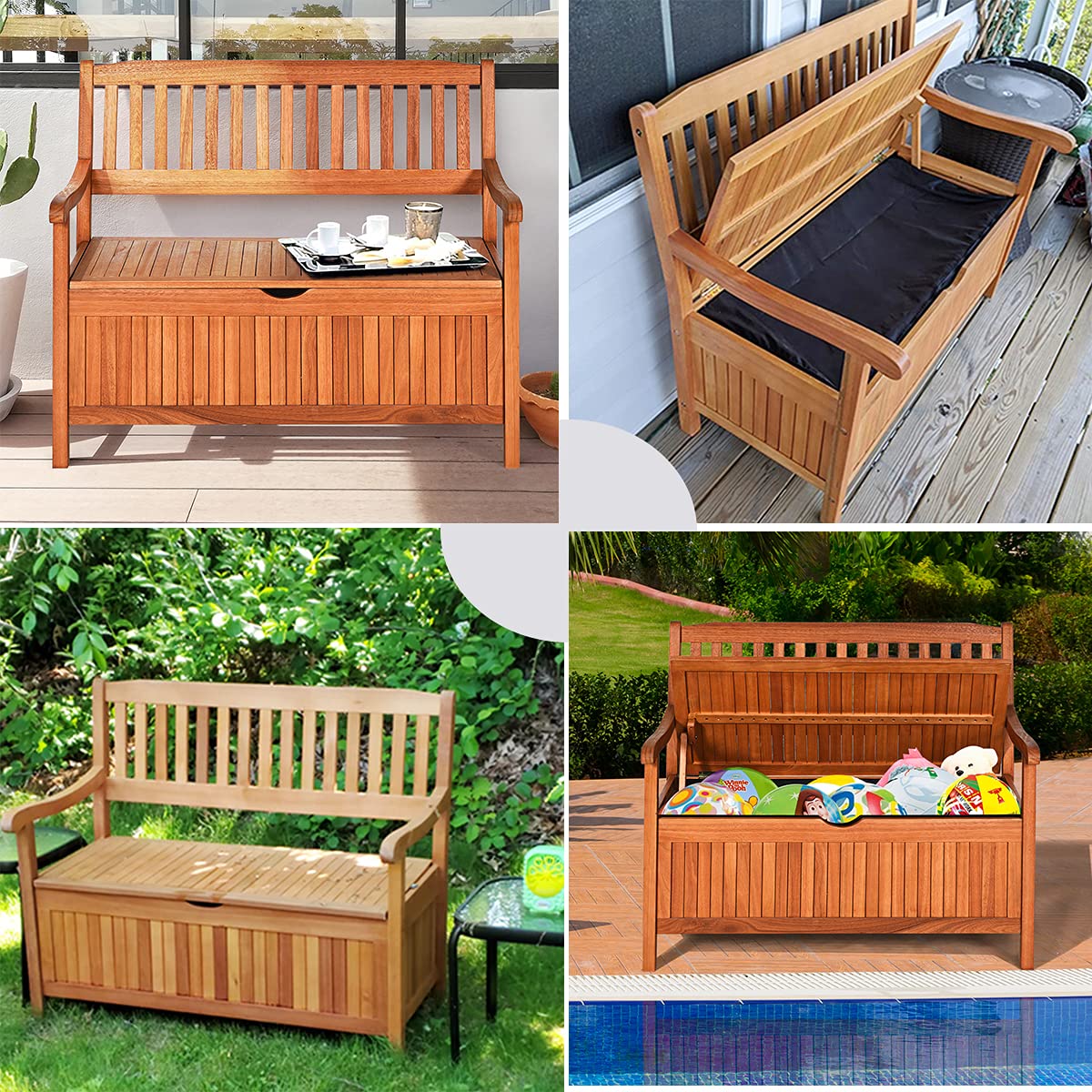 RELAX4LIFE Panchina da Esterno 2 Posti, Panca Contenitore in Legno di Acacia con Cassapanca, Schienale e Braccioli, Strato Interno Impermeabile, Max 360KG per Interno/Giardino (Arancione, 107×59×90cm)