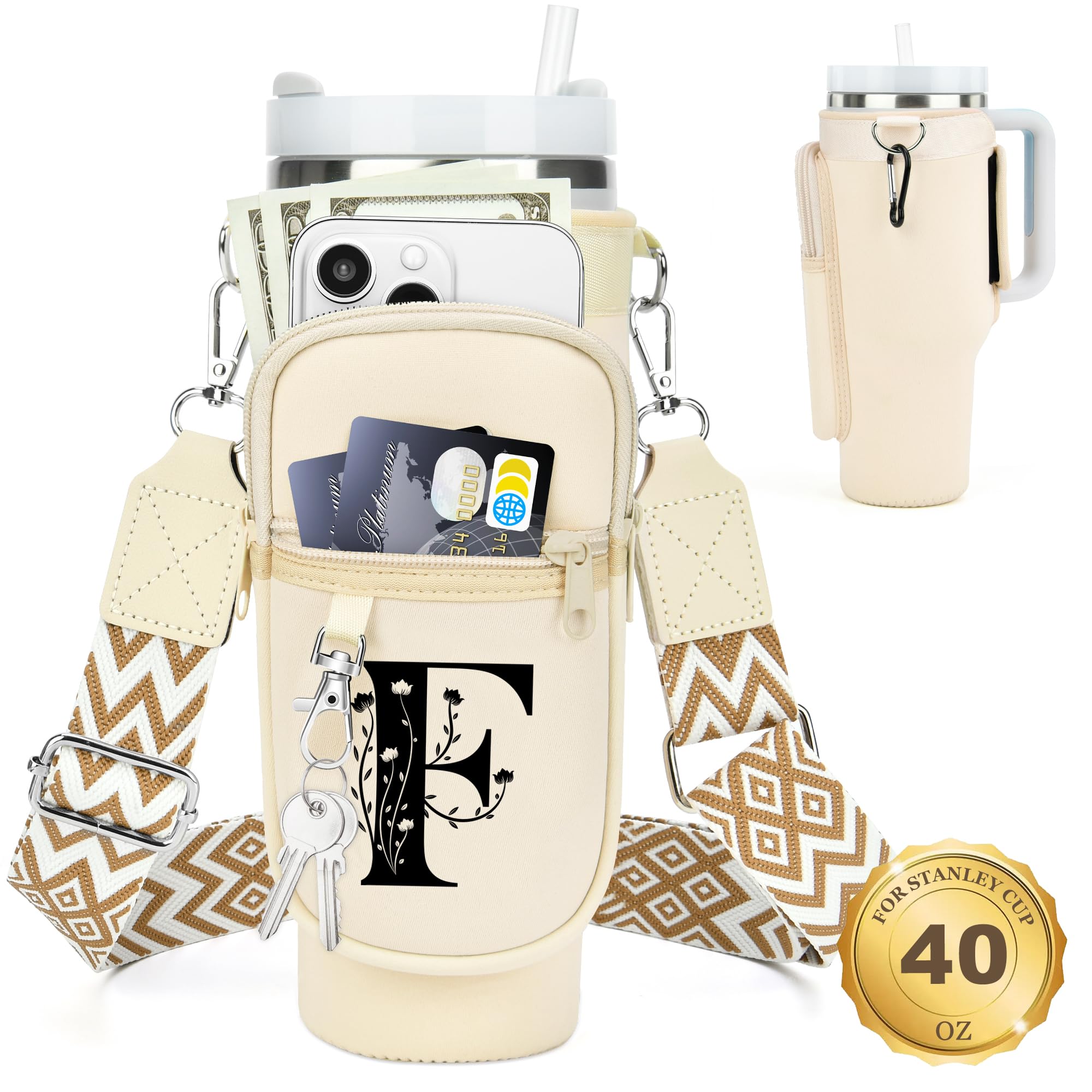 Initial Water Bottle Holder with Strap for Stanley Cup 40 oz Tumbler