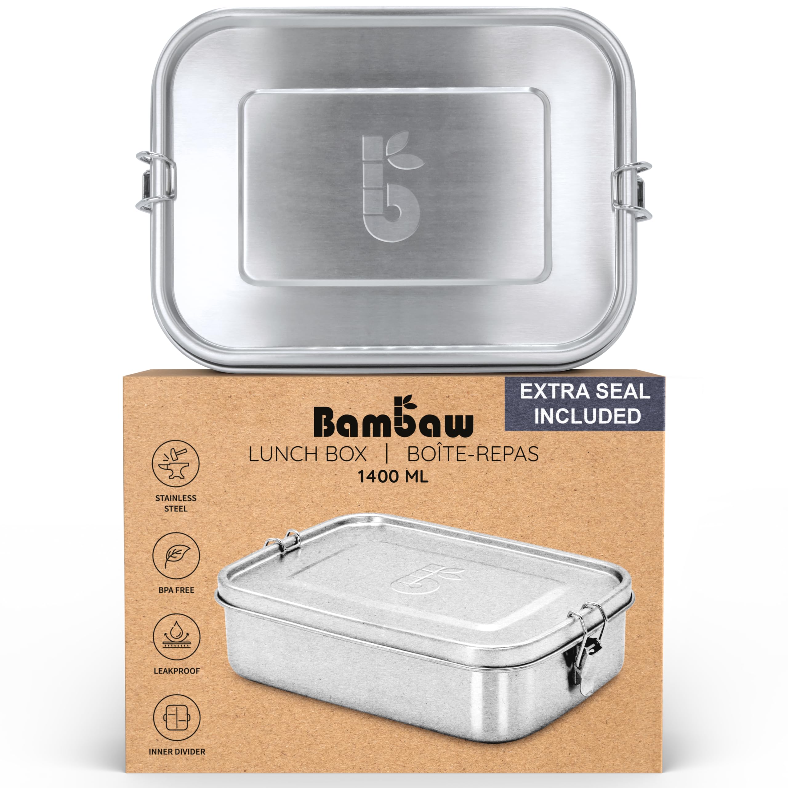 Bambaw Portapranzo 1400 ml in Acciaio | Porta Pranzo Riscaldabile | Separe Divisorio Interno | Portapranzo Grande Ecologico | Contenitore Ermetico Grande | Kit Pranzo Ufficio | Lunch Box Acciaio
