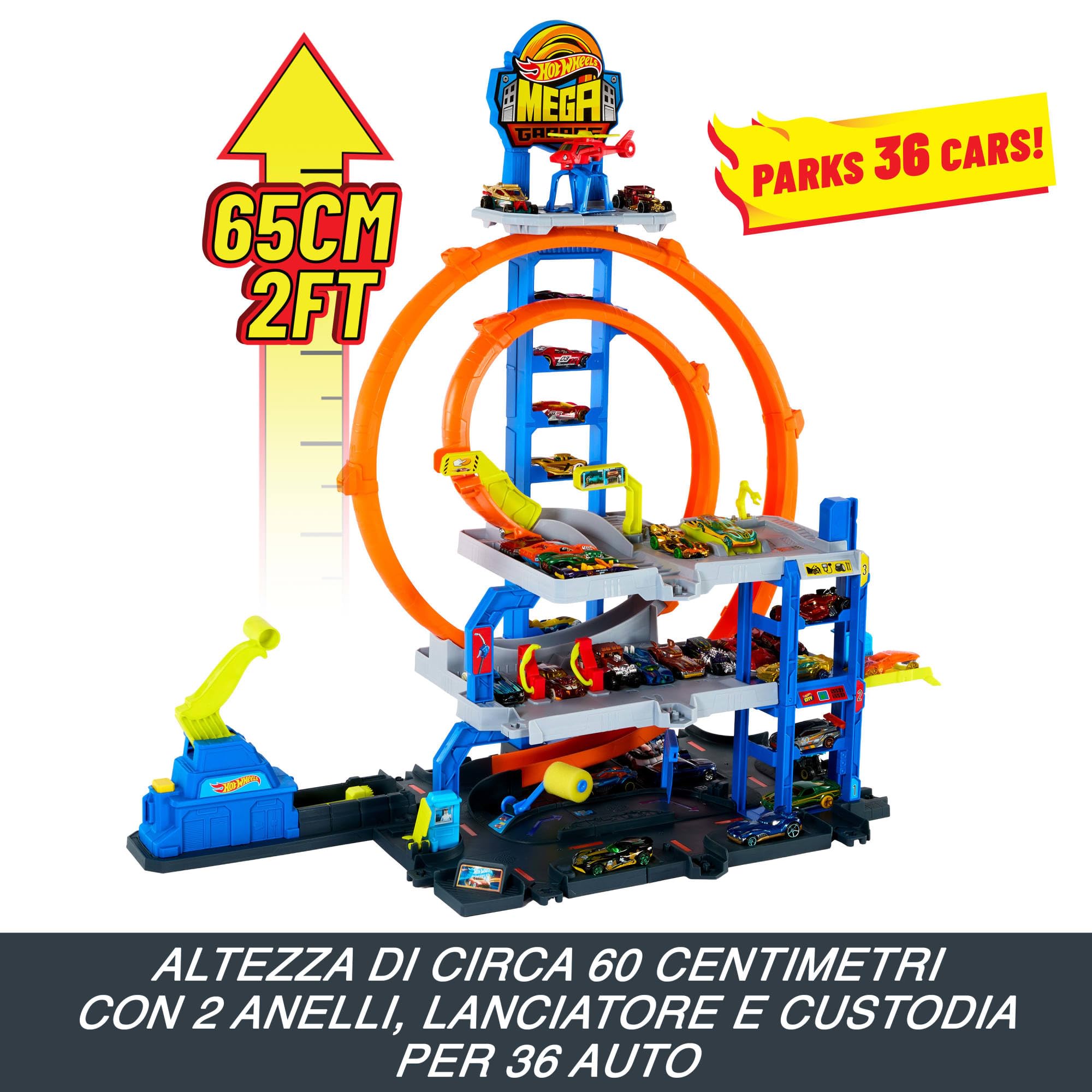 Hot Wheels - Mega Garage, Set Pista con 3 Livelli di Gioco e 2 Loop, macchinina ed Elicottero Inclusi, adattatori Speed Snap e Spazio per riporre 37 Veicoli, Giocattolo per Bambini, 4+ Anni, JLC05