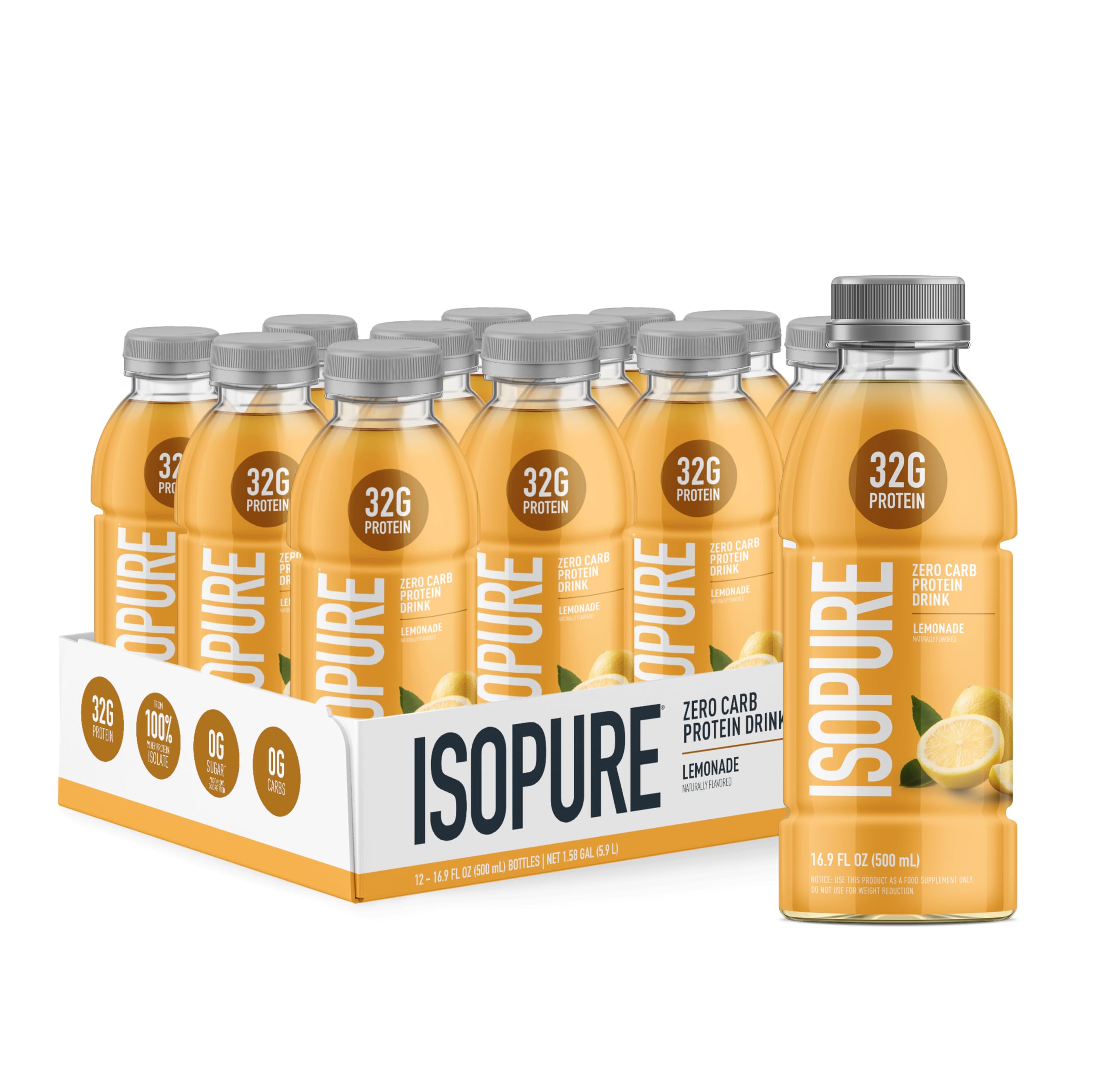 Zero Carb 32g Clear Protein Ready-to-Drink, Whey Protein Isolate, Lemonade, 16 Fl Oz (12 Bottles)