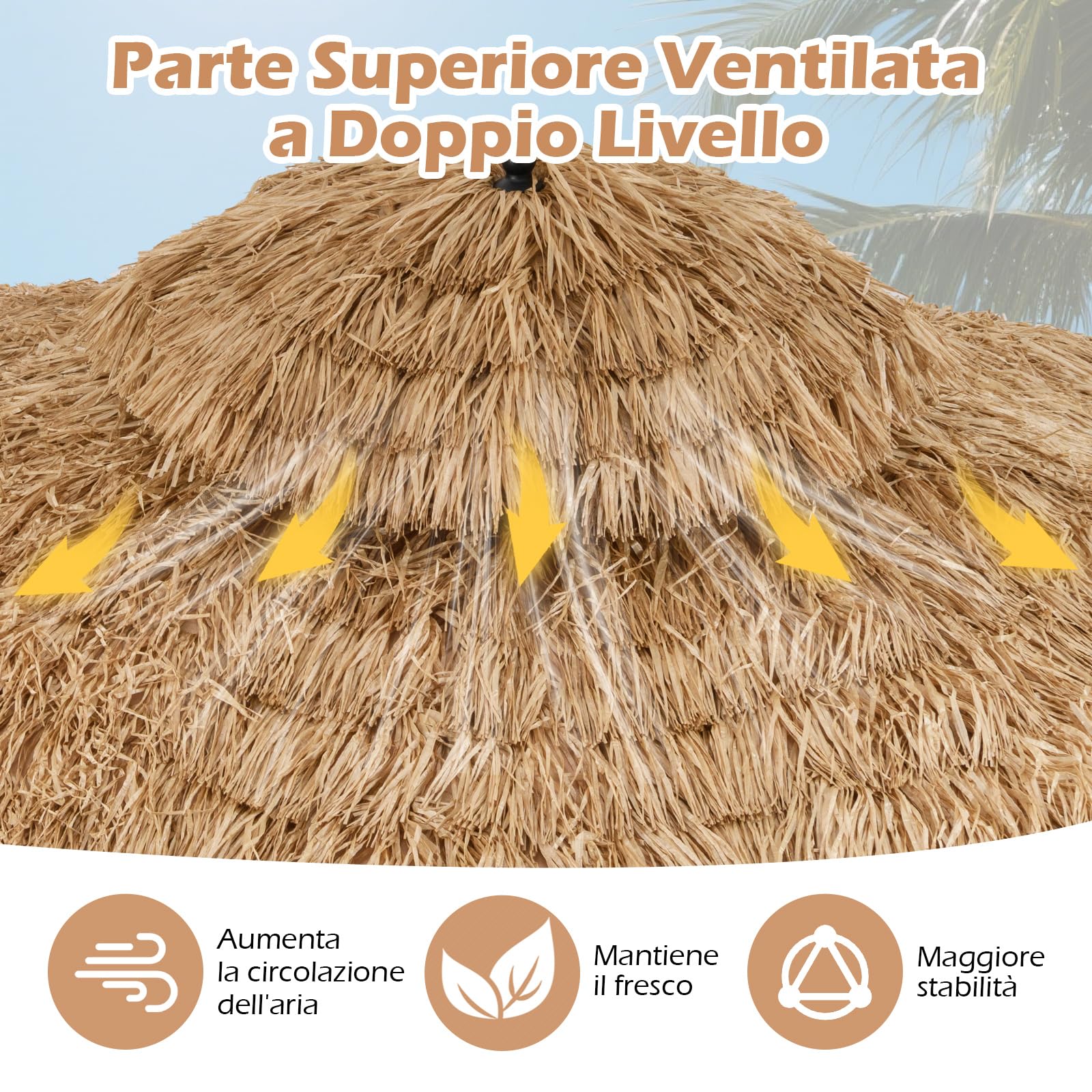 GYMAX Ombrellone Paglia PE 3x3 M, in a 12 Strati, Inclinazione 30° con Manovella Manuale, Tettoia Ventilata, 8 Costole, Stile Hawaiano, per Piscina, Patio, Spiaggia, Giardino