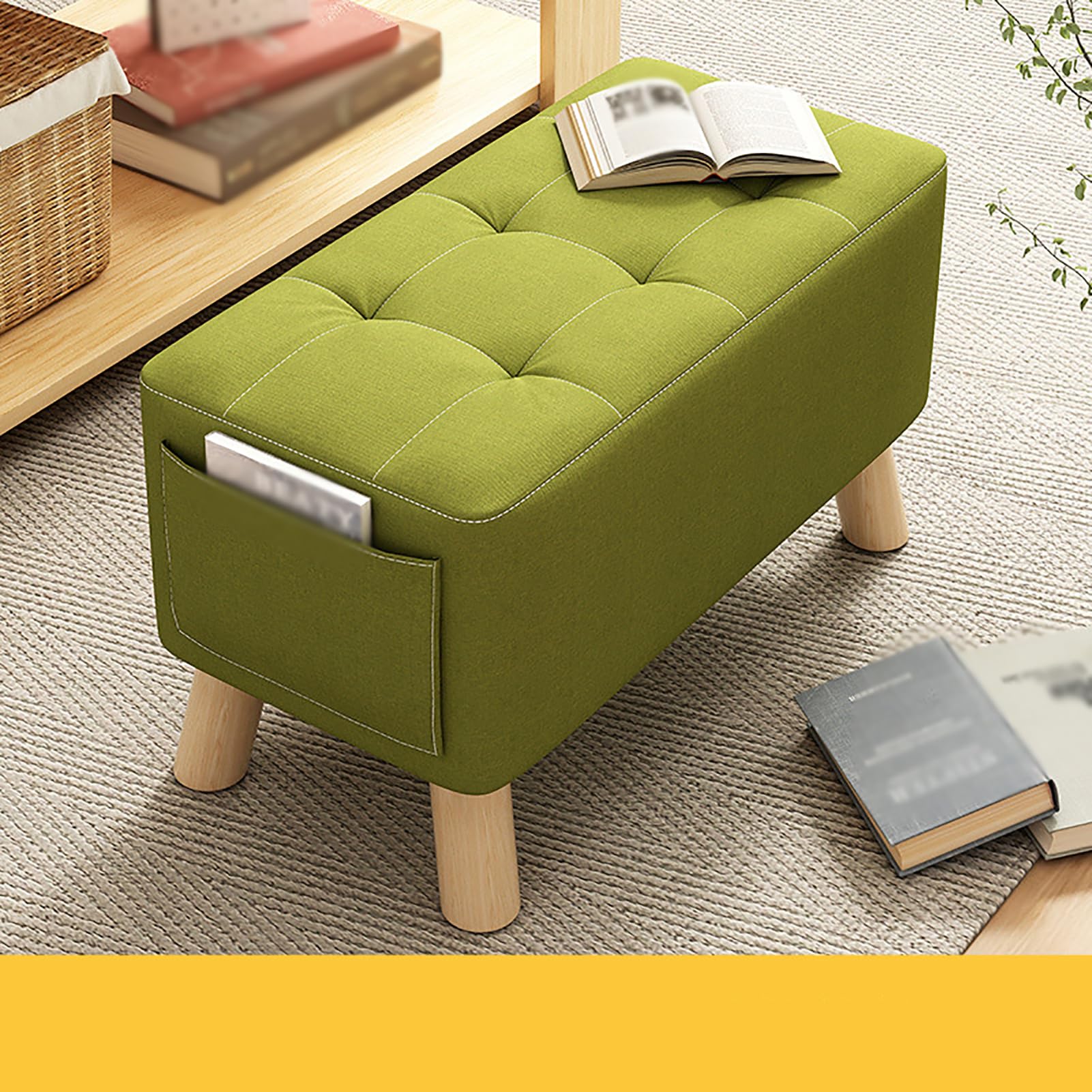 Tabouret ottoman vert 40x28cm avec pieds en bois stable et assise lin